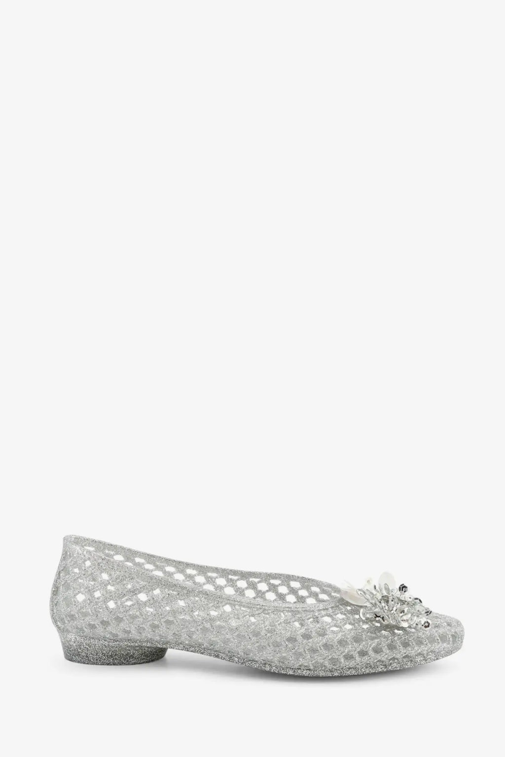 Heavenly jelly women’s silver glitter pvc ballerinas with mesh flat shoe and crystal pearl toe embellishment