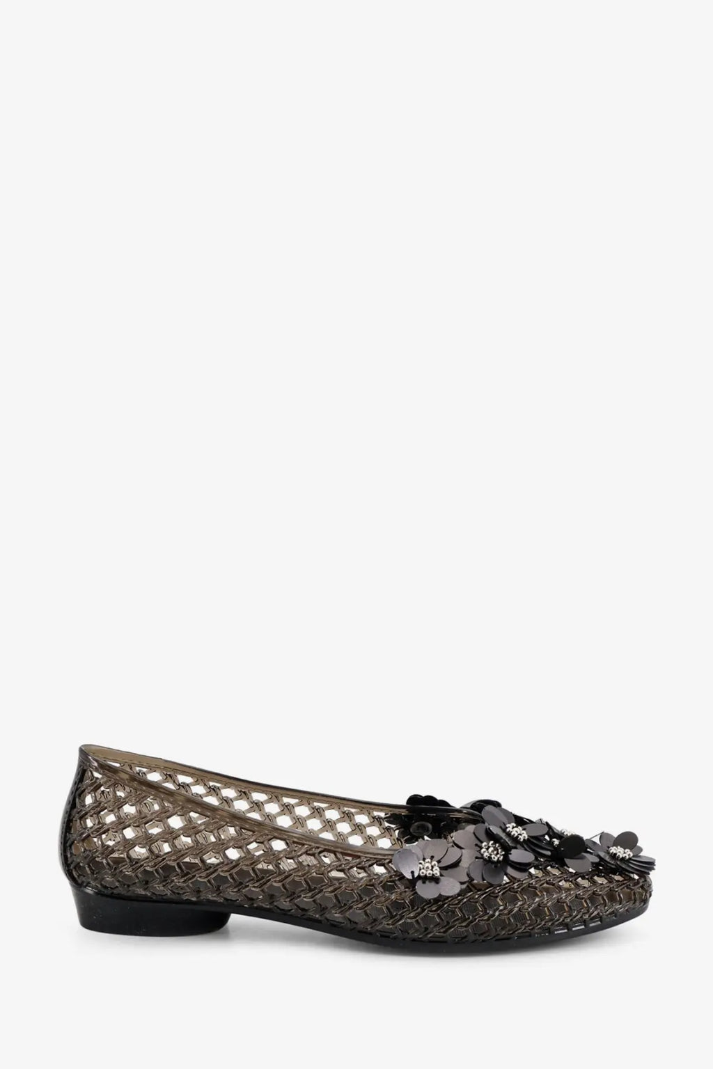 Heavenly jelly womens nova pvc ballerinas black dark brown mesh flat shoe with black floral embellishments