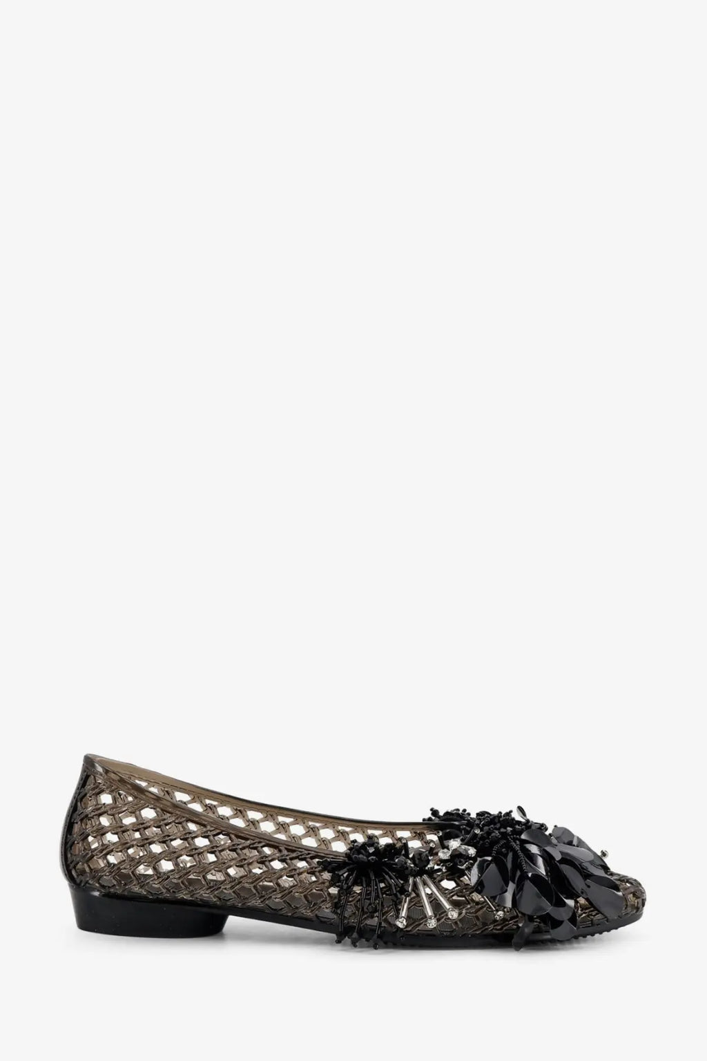 Black mesh flat shoe with decorative floral embellishment at the toe from heavenly jelly women’s pvc ballerinas black