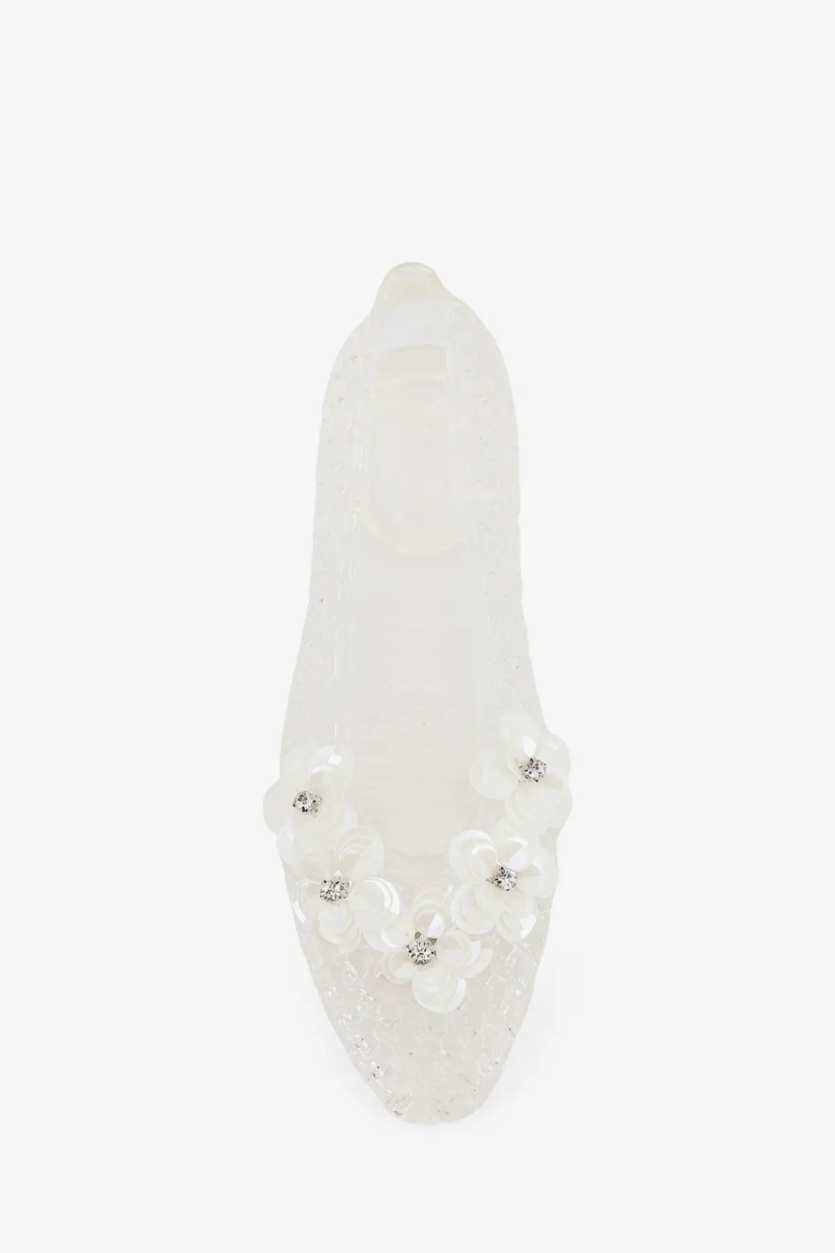 Heavenly Jelly women’s clear pvc ballerinas with translucent white floral embellishments and sparkling rhinestones