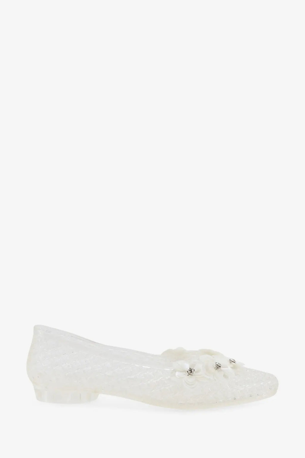 Heavenly jelly women’s clear pvc ballerinas with transparent white jelly flat shoe featuring floral embellishments and rhinestones
