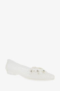 Heavenly Jelly women’s clear pvc ballerinas with transparent white slip-on design, delicate bow, and crystal embellishments