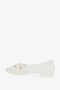 Heavenly jelly women’s pvc clear ballerina flat shoe with white lace detailing and floral silver rhinestone embellishment