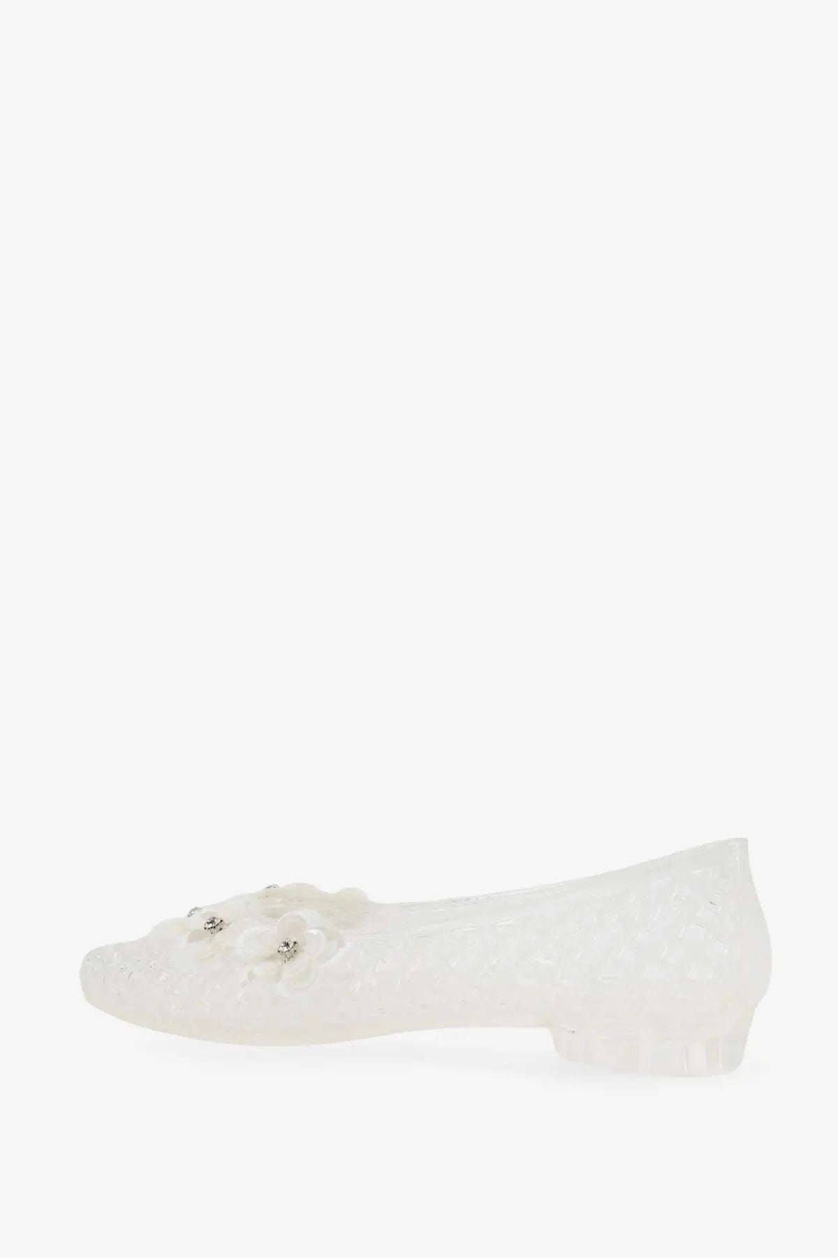 Heavenly jelly women’s clear pvc ballerinas with white translucent jelly material lace detailing and floral rhinestone embellishment