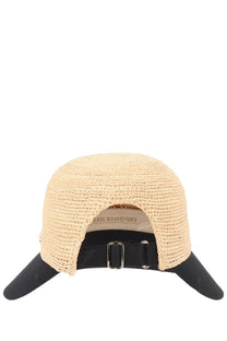 Beige woven straw cap with black fabric brim and adjustable strap by helen kaminski womens cappello blaise