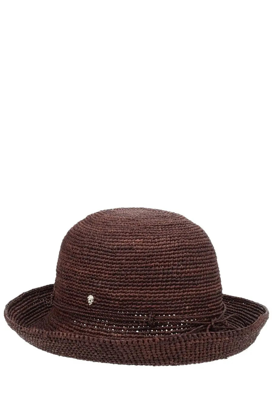 Helen Kaminski women’s cappello provence brown woven straw hat with small silver skull emblem on the side