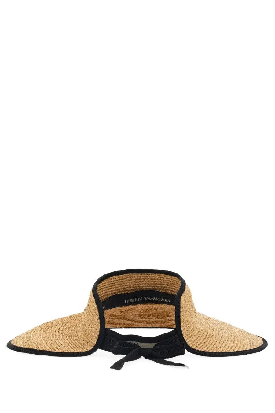 Beige straw sun visor with black trim and tied bow at back by helen kaminski women’s hat never beige shown from back side