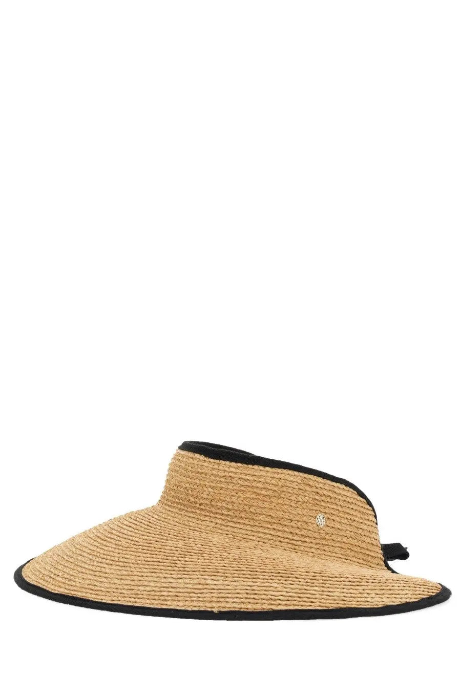 Beige straw visor with black trim and small silver logo on the side from helen kaminski women’s hat never beige collection