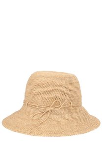 Beige woven straw bucket hat with tied ribbon band by helen kaminski for women
