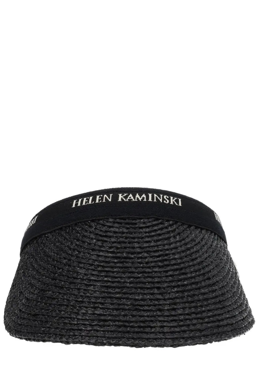 Helen Kaminski women’s black woven straw visor hat with ribbed texture and black elastic band logo detail