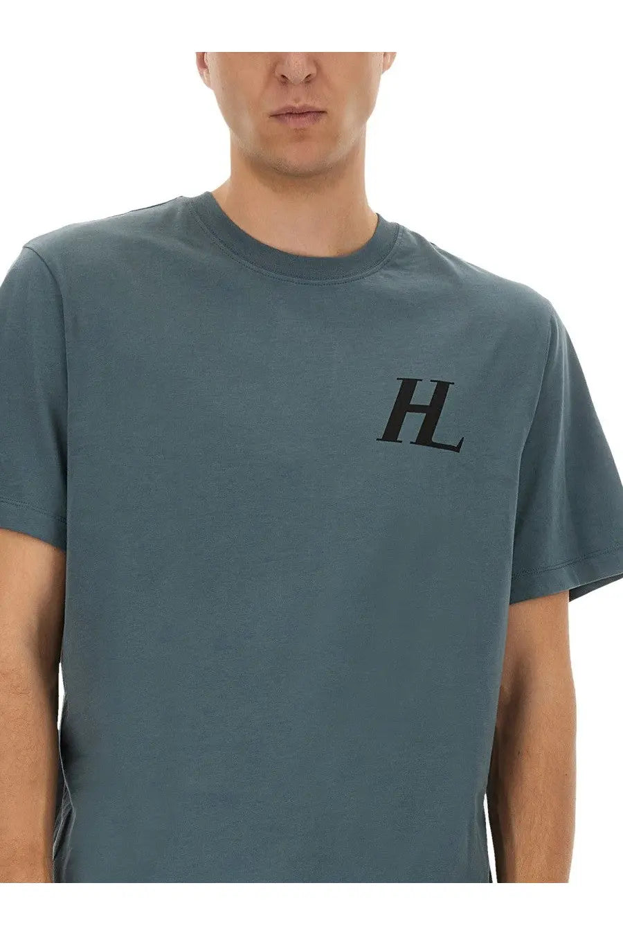Helmut lang men’s capsule dark teal crewneck t-shirt with black hl logo on left chest for casual wear