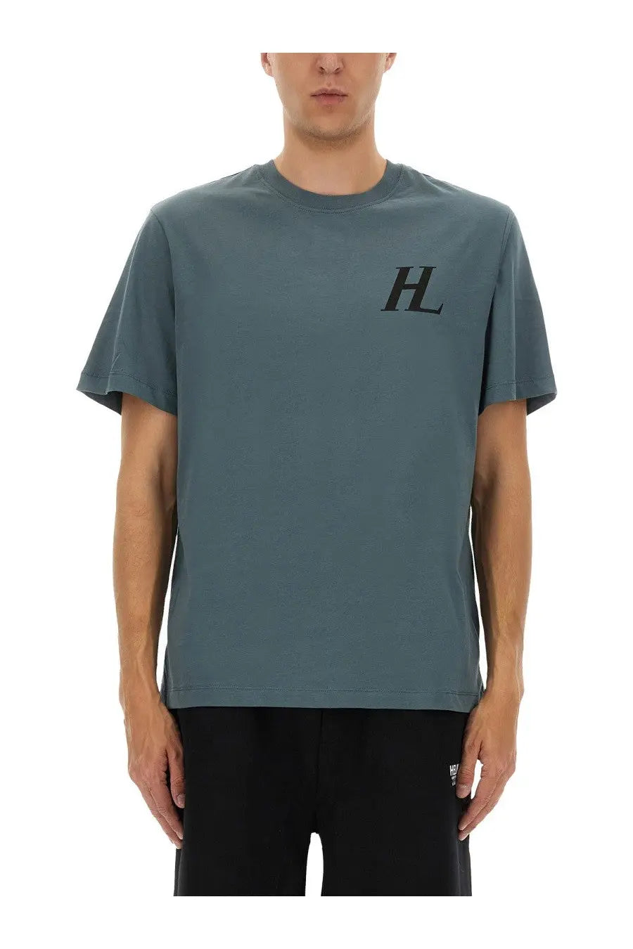 Helmut Lang men’s capsule short-sleeved dark teal t-shirt with black hl logo on left chest ideal for casual wear