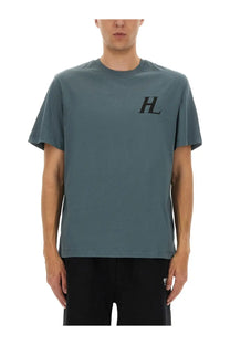Helmut Lang men’s capsule short-sleeved dark teal t-shirt with black hl logo on left chest ideal for casual wear