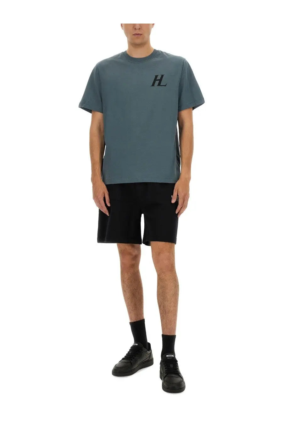 Helmut lang men’s capsule muted teal short-sleeved t-shirt with small black hl logo on left chest