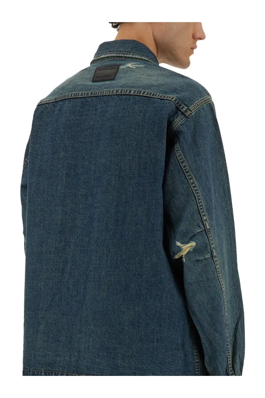 Helmut Lang men’s dark blue denim uniform shirt with distressed patches and black leather collar patch