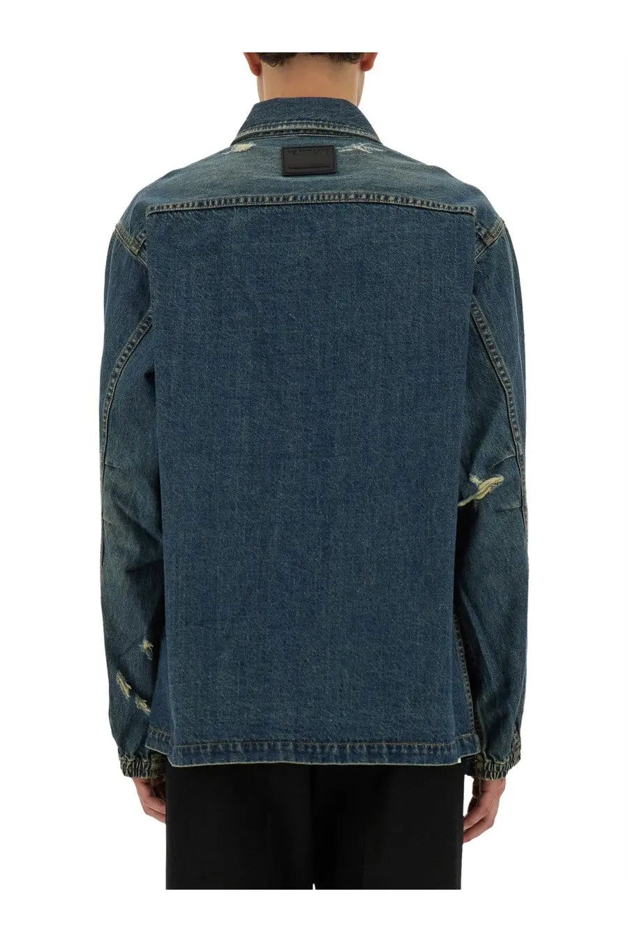 Helmut lang men’s blue distressed denim uniform shirt with intentional rips and faded patches