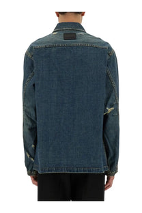 Helmut lang men’s blue distressed denim uniform shirt with intentional rips and faded patches