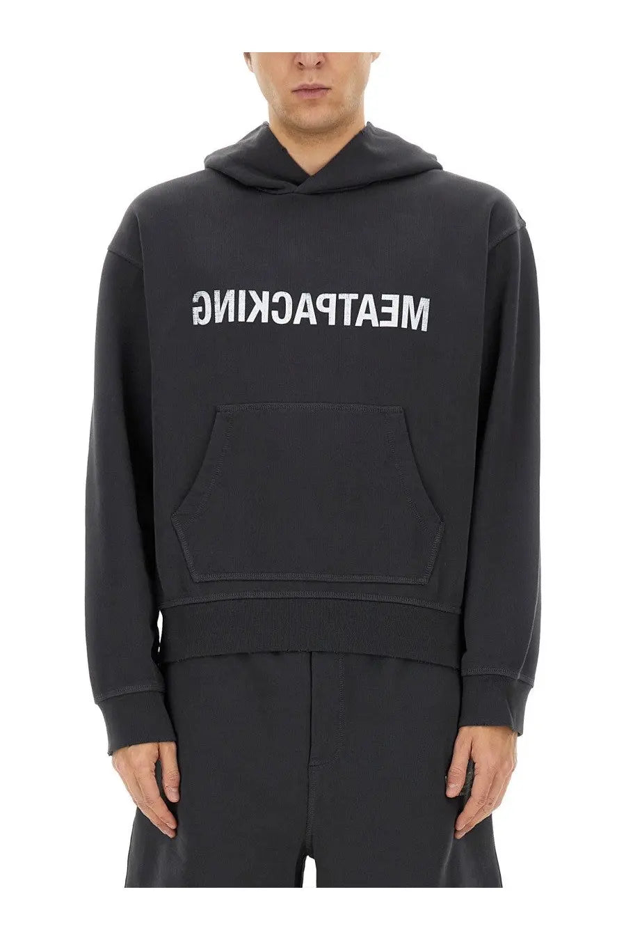 Helmut Lang men’s black hooded sweatshirt with white meatpacking lettering and front pocket in cotton blend material