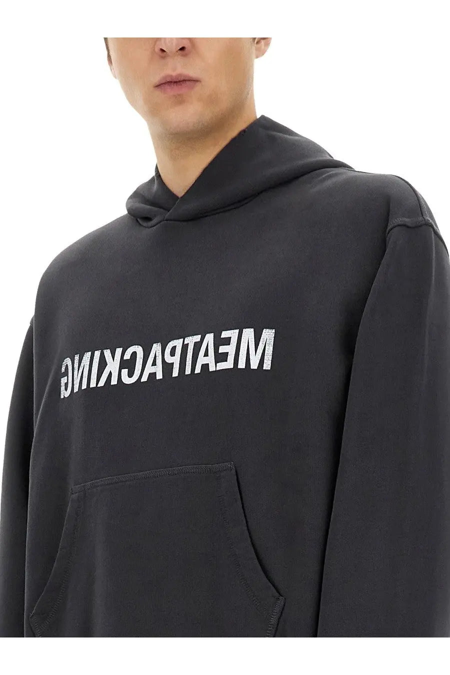 Helmut Lang men’s black oversized hoodie with white meatpacking lettering on chest in cotton blend fabric