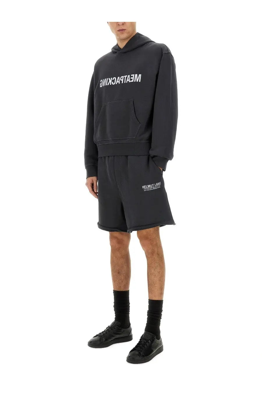 Helmut Lang men’s black hoodie made of cotton with white meatpacking lettering across the chest