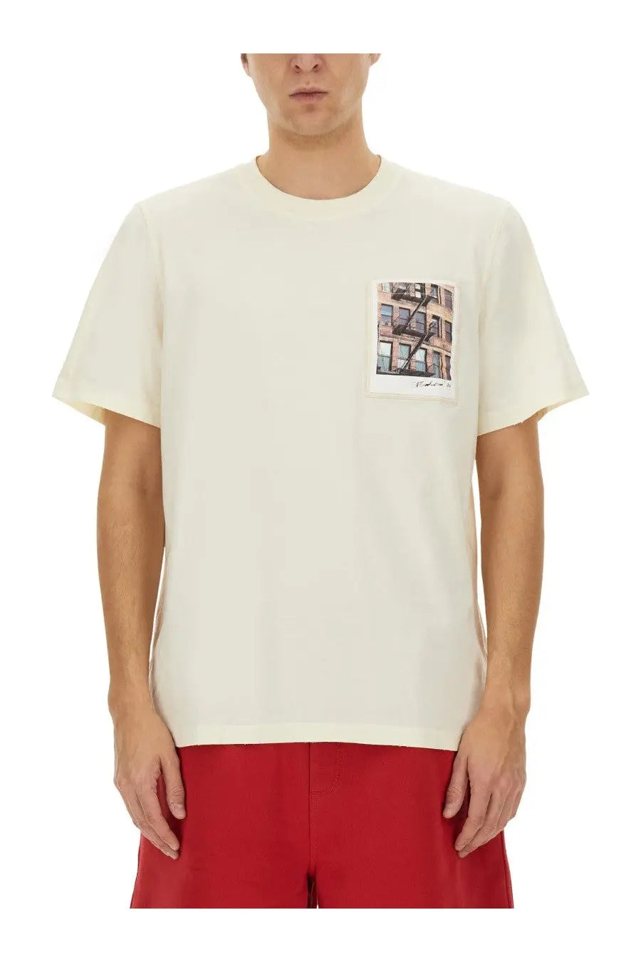 Helmut Lang men’s cream cotton t-shirt with square pocket print of urban building fire escapes white shirt