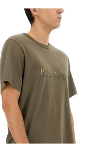 Olive green helmut lang men’s cotton t-shirt with subtle helmet lane lettering across the chest