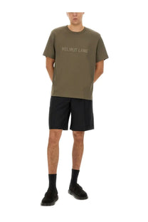 Olive green helmut lang men’s short-sleeved shirt with subtle light logo across the chest in beige tone