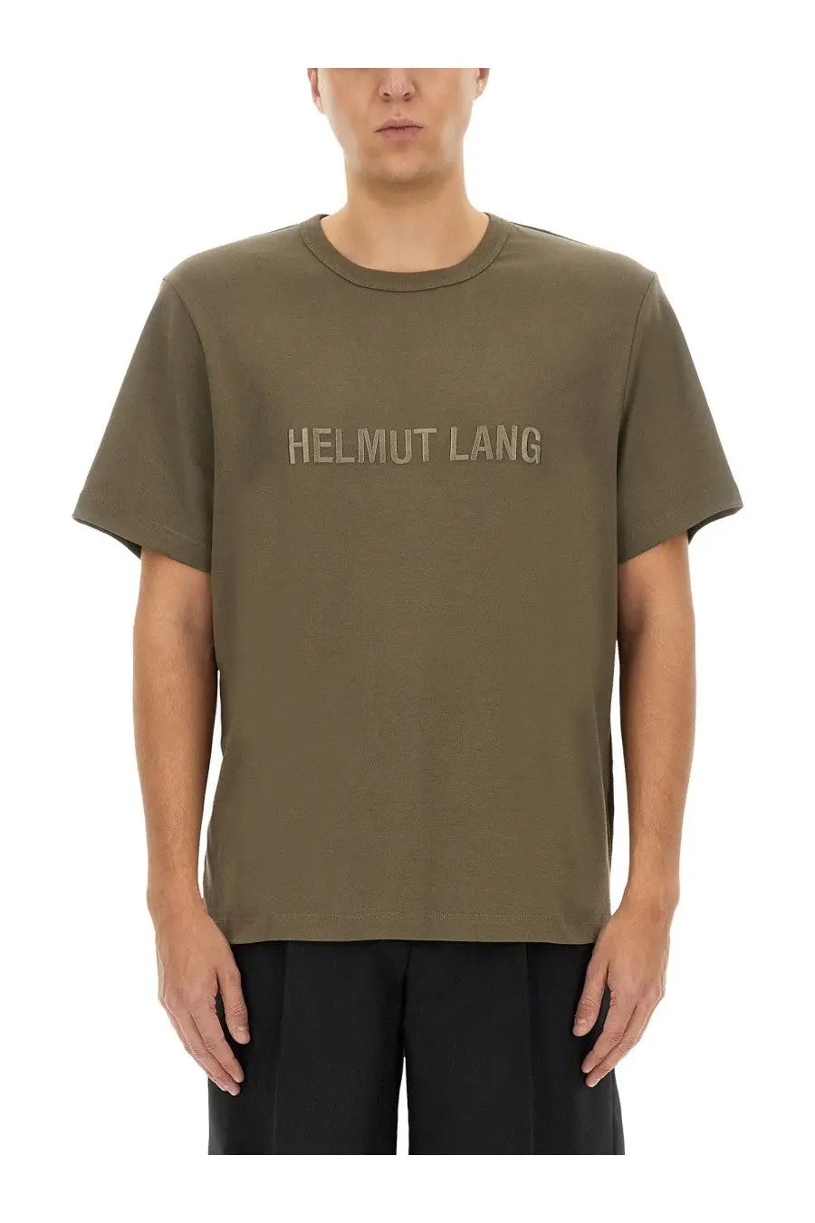 Helmut Lang men’s olive green short-sleeved t-shirt with subtle embroidered branding on chest for casual wear