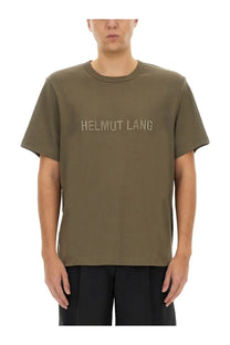 Helmut Lang men’s olive green short-sleeved t-shirt with subtle embroidered branding on chest for casual wear