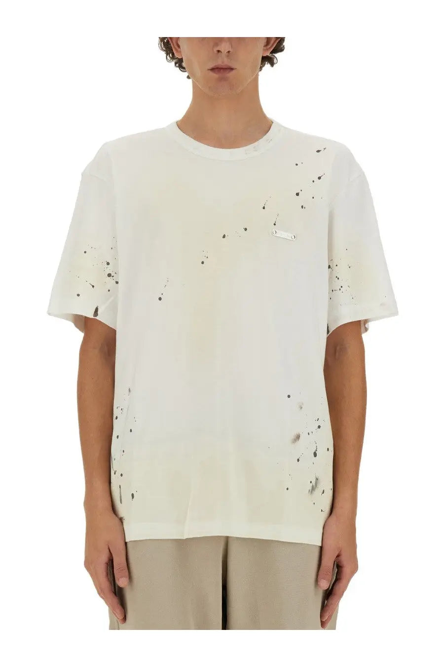Off-white helmut lang men’s short-sleeved t-shirt with black paint splatter and silver chest patch