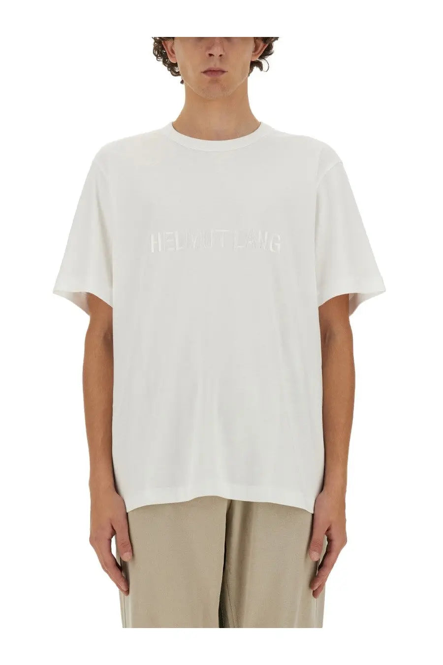 Helmut lang men’s white short-sleeved t-shirt featuring a subtle raised militia logo across the chest