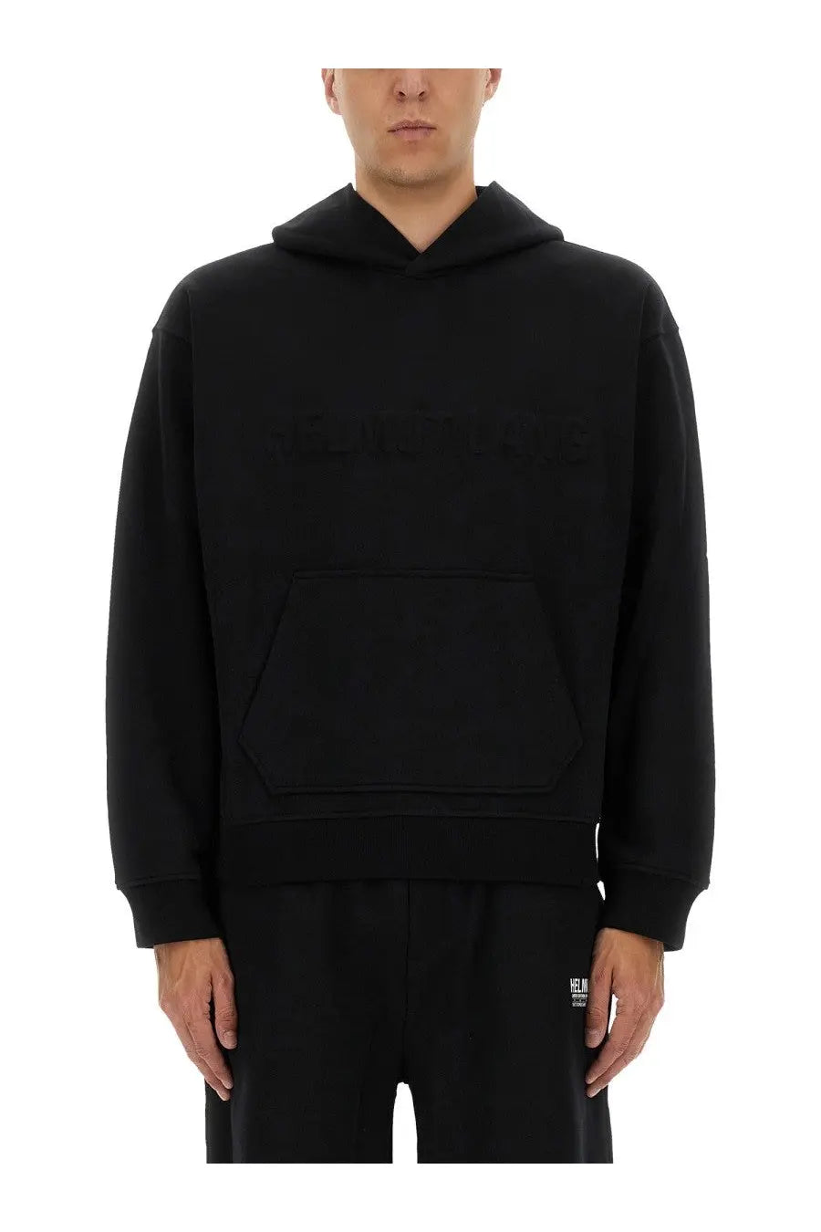 Helmut Lang men’s black hooded sweatshirt with subtle textured logo across chest and large front pocket