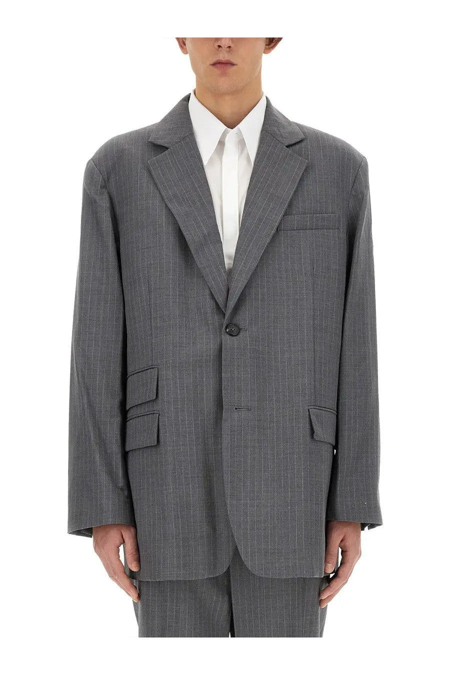 Helmut lang men’s grey wool blazer with pinstripes single button and flap pockets for formal wear