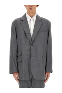 Helmut lang men’s grey wool blazer with pinstripes single button and flap pockets for formal wear