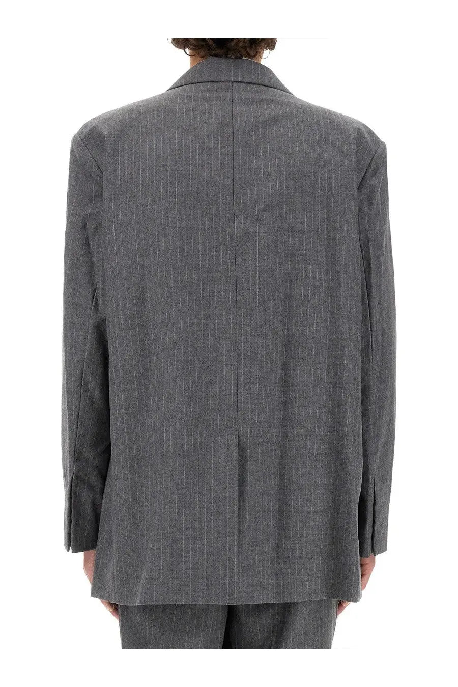 Helmut Lang men’s grey wool jacket with structured fit gray pinstripe blazer and notched collar