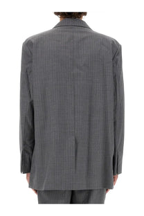 Helmut Lang men’s grey wool jacket with structured fit gray pinstripe blazer and notched collar