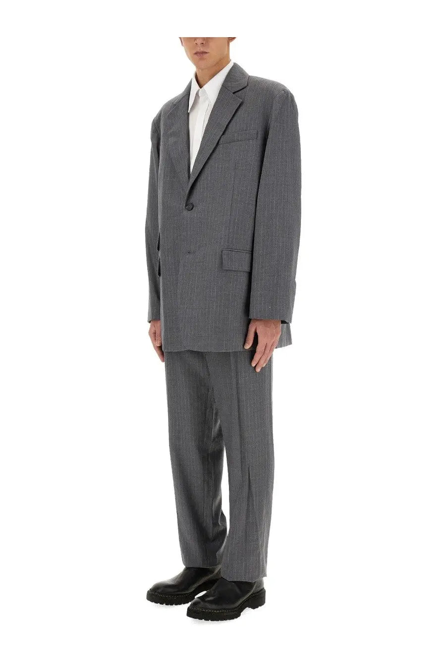 Helmut Lang men’s grey wool jacket with gray pinstripe suit and structured modern cut front view
