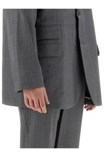Helmut lang men’s wool jacket grey featuring a tailored gray pinstripe suit jacket with subtle textured weave and notched lapel