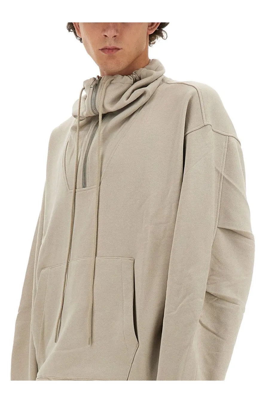 Beige helmut lang men’s zip sweatshirt with half-zip front and drawstring hood in soft fabric
