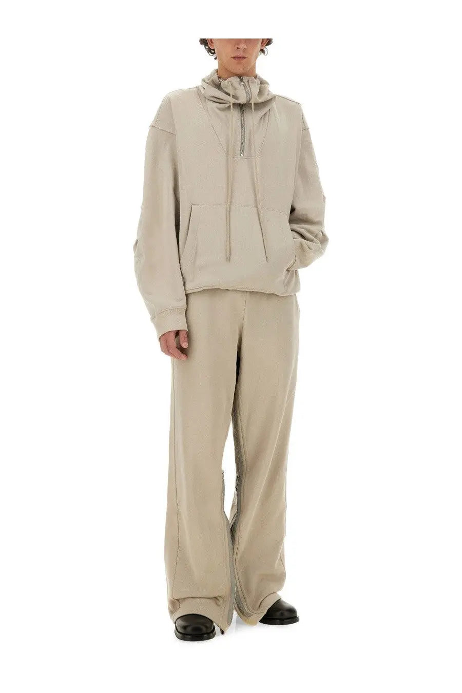 Helmut lang men’s grey zip sweatshirt with beige hooded half-zip front and drawstring detailing