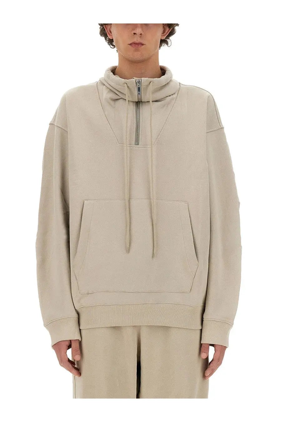 Helmut lang men’s grey zip sweatshirt with beige hooded half-zip front and drawstring ribbed cuffs relaxed fit