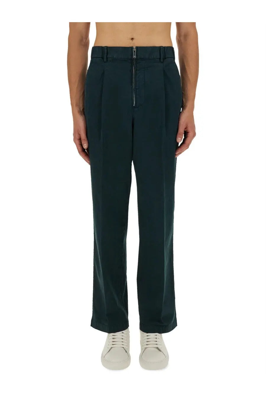 Dark green pleated Helmut Lang men’s zoot cargo pants with a front zipper detail in a sleek fabric