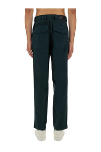 Dark green helmut lang men’s zoot cargo pants back view showing straight-leg fit belt loops and two rear patch pockets