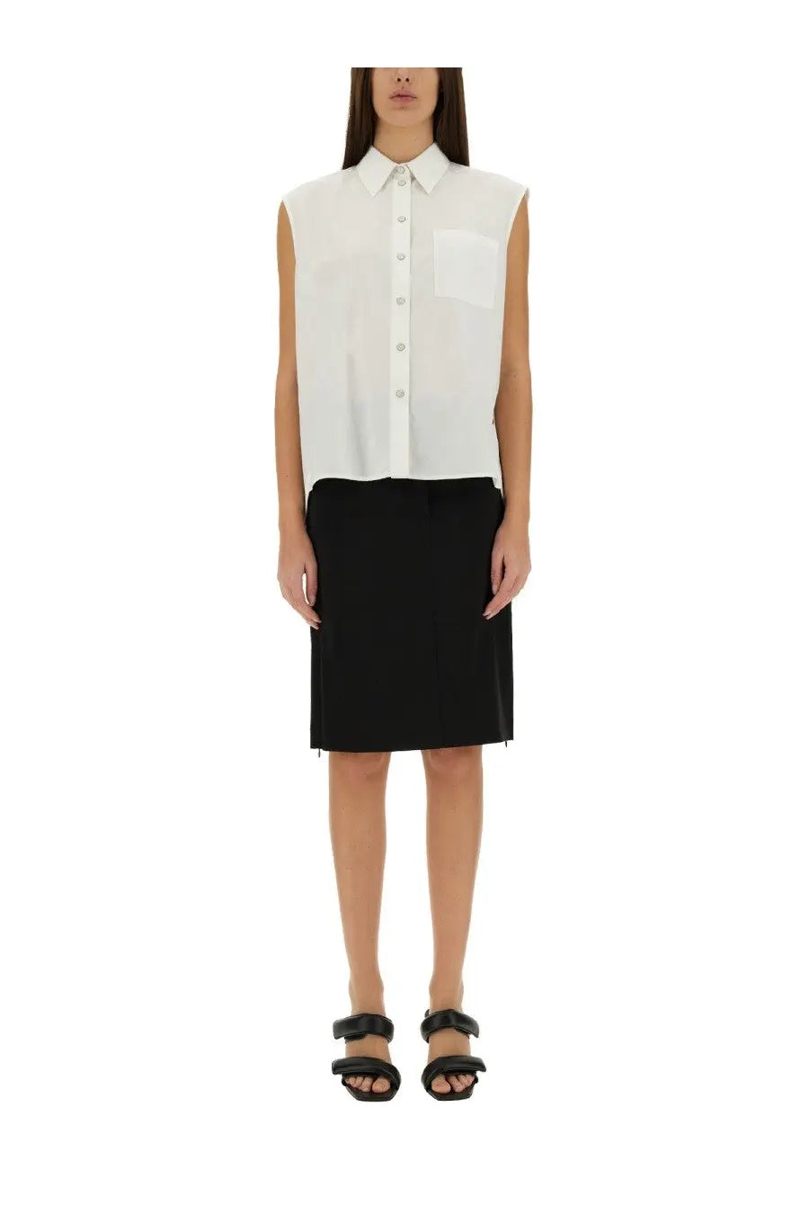 Helmut lang women’s apex tail white sleeveless button-up blouse with classic collar and front pocket