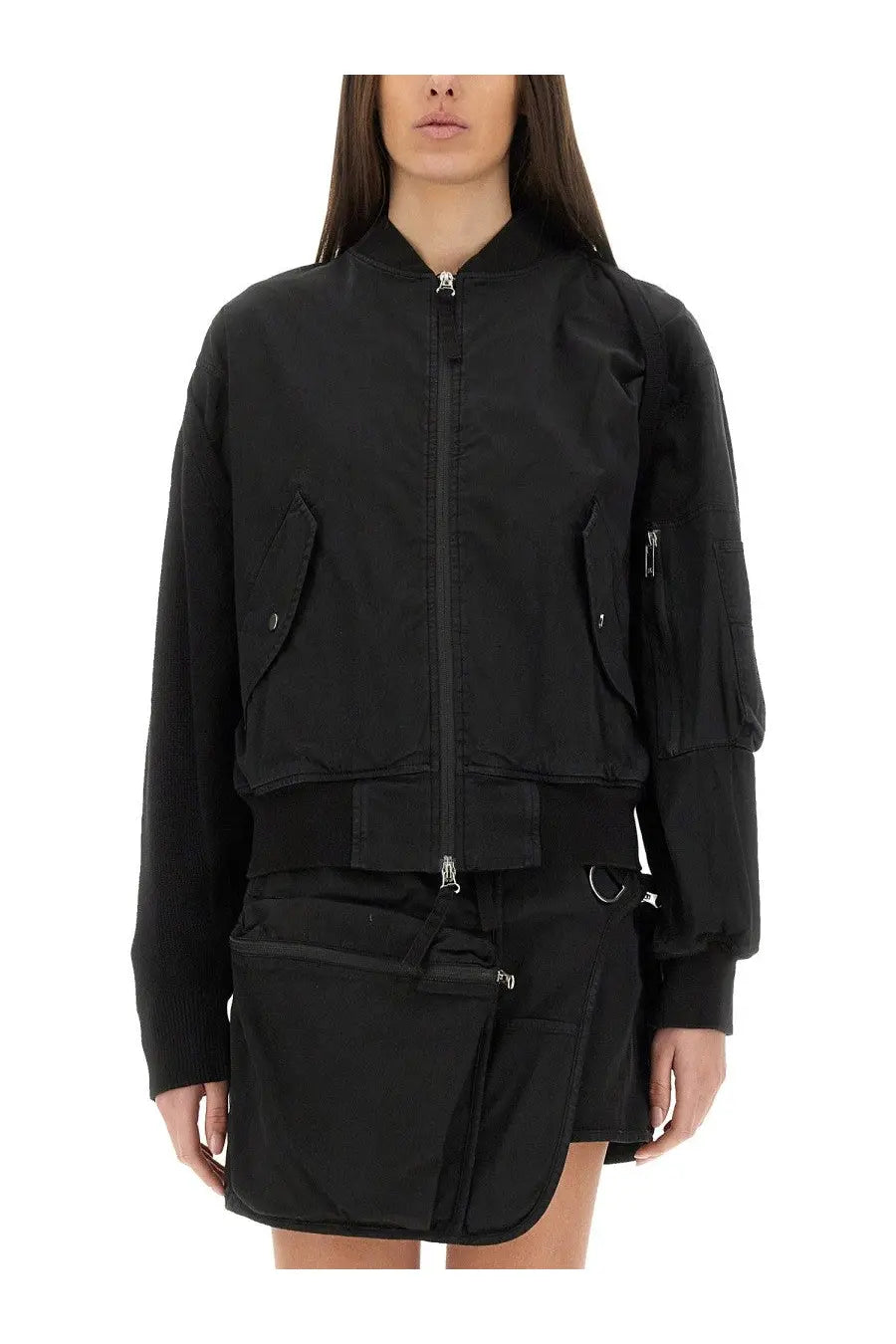 Helmut Lang women’s black bomber MA1 jacket with multiple pockets and zipper details in a sleek nylon material