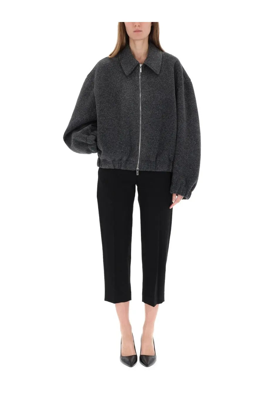 Helmut lang women’s bomber shell grey dark gray textured bomber jacket with classic collar and front zipper