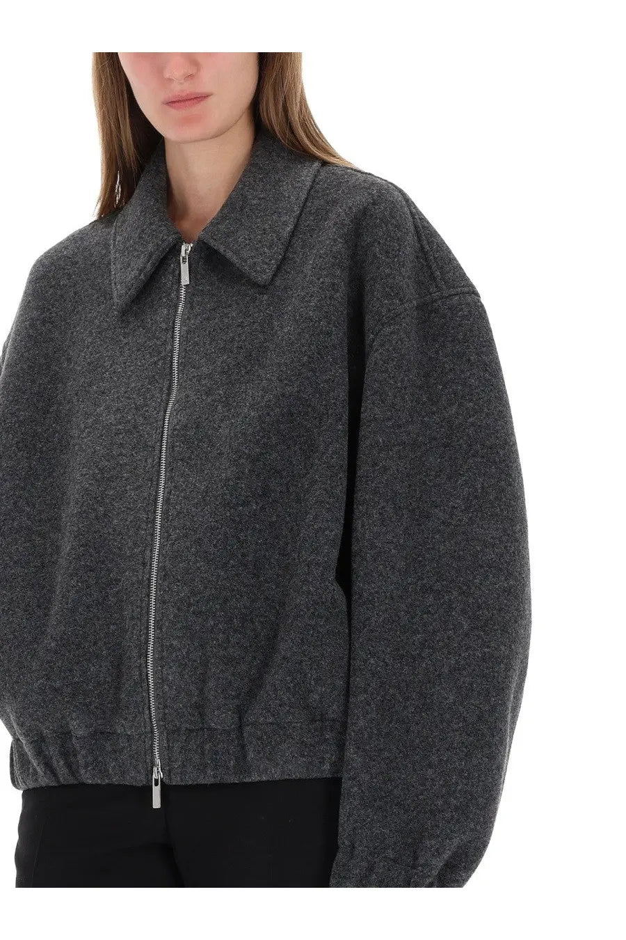 Helmut Lang women’s bomber shell grey dark gray textured wool jacket with silver zipper and collar