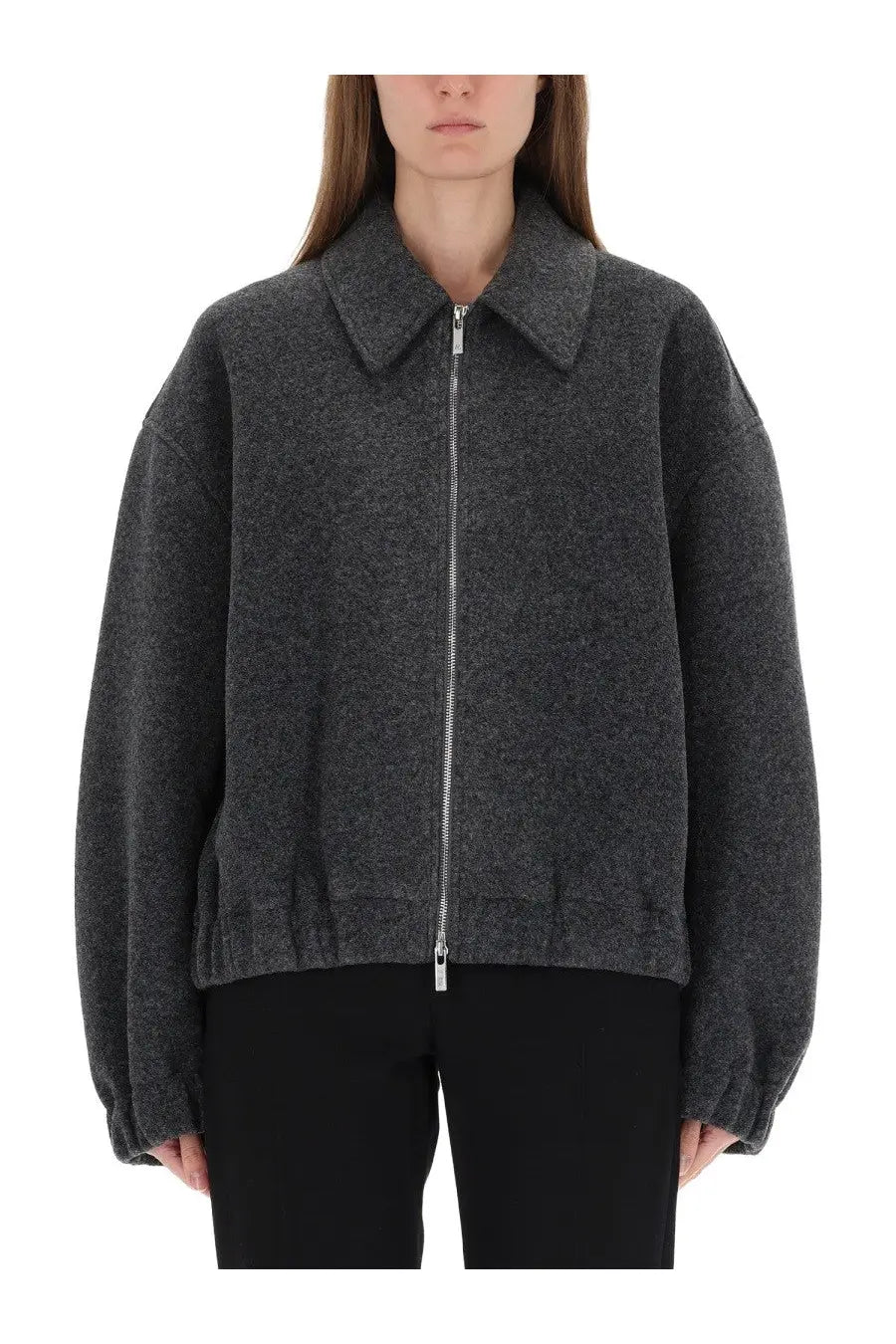 Helmut Lang women’s dark gray textured wool-blend bomber jacket with classic collar and silver zipper