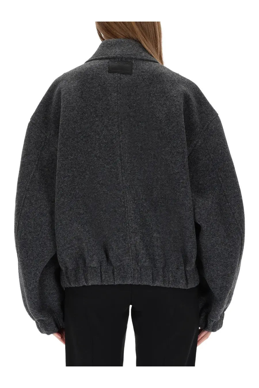Helmut lang women’s dark gray wool-blend bomber jacket with relaxed fit and ribbed cuffs