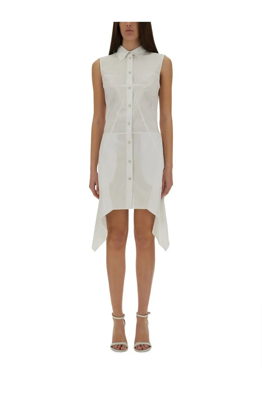Helmut Lang women’s white sleeveless bustier shirt dress with button-down front high-low hem and sheer panel details